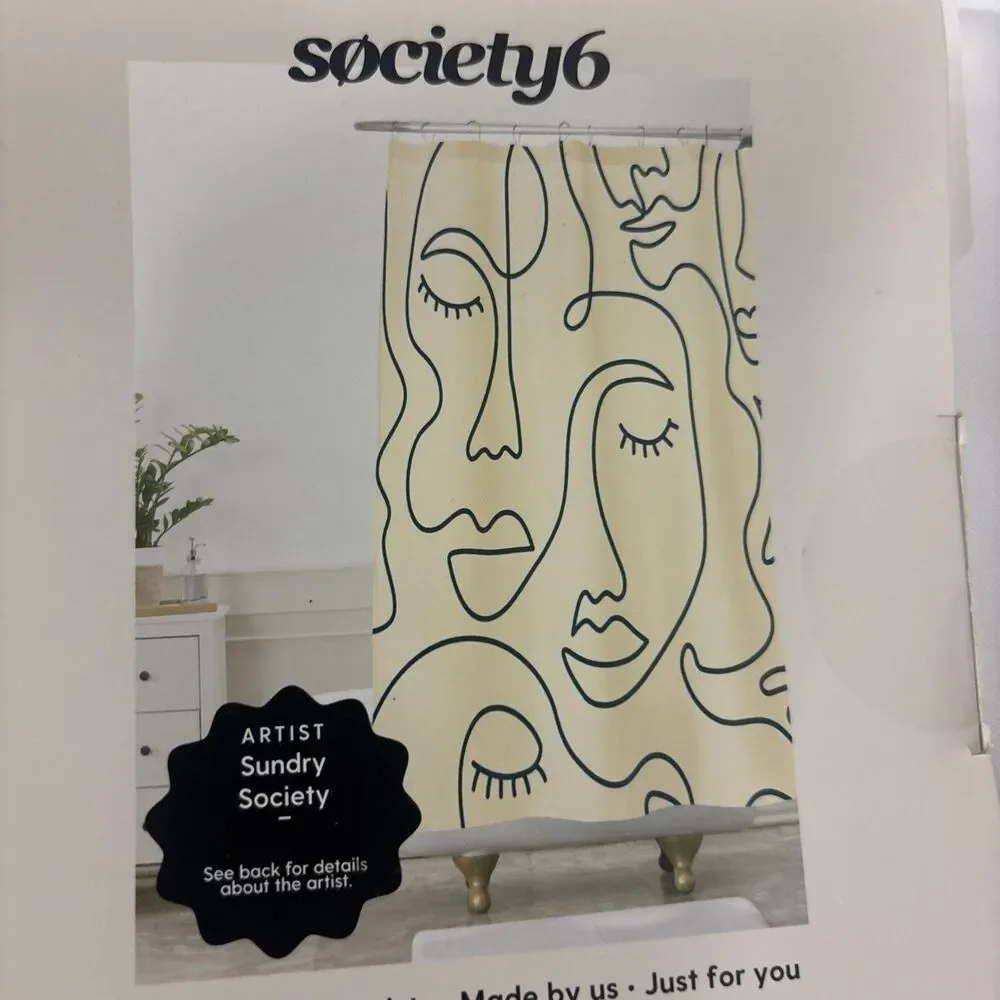 Society6 Abstract Single Line Face Shower Curtain Sundry Society Cream Black NIP